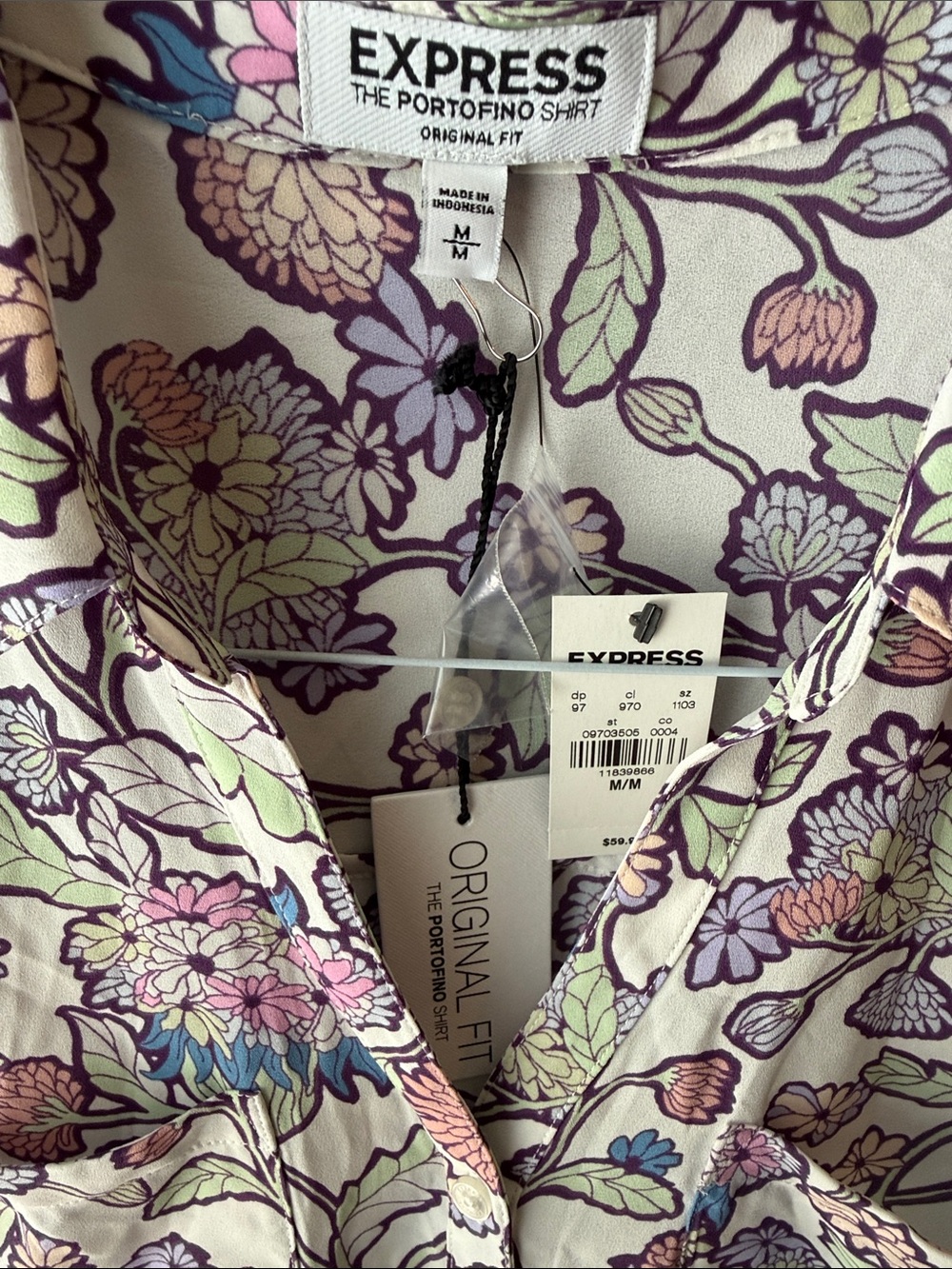 Express Floral Button-Front Shirt in Cream with Pink, Purple and Mint Accents - Picture 2 of 3
